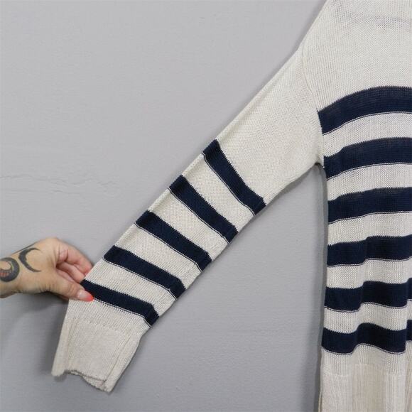 Joie Linen Pullover Fisherman Sweater Size L Navy Blue Ivory Striped Knit - Picture 6 of 10